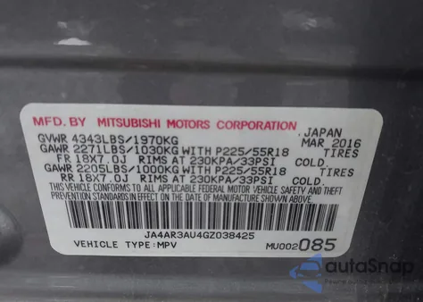 2016 Mitsubishi Outlander Sport 2.0 Es z USA, uszkodzony, nr VIN JA4AR3AU4GZ038425